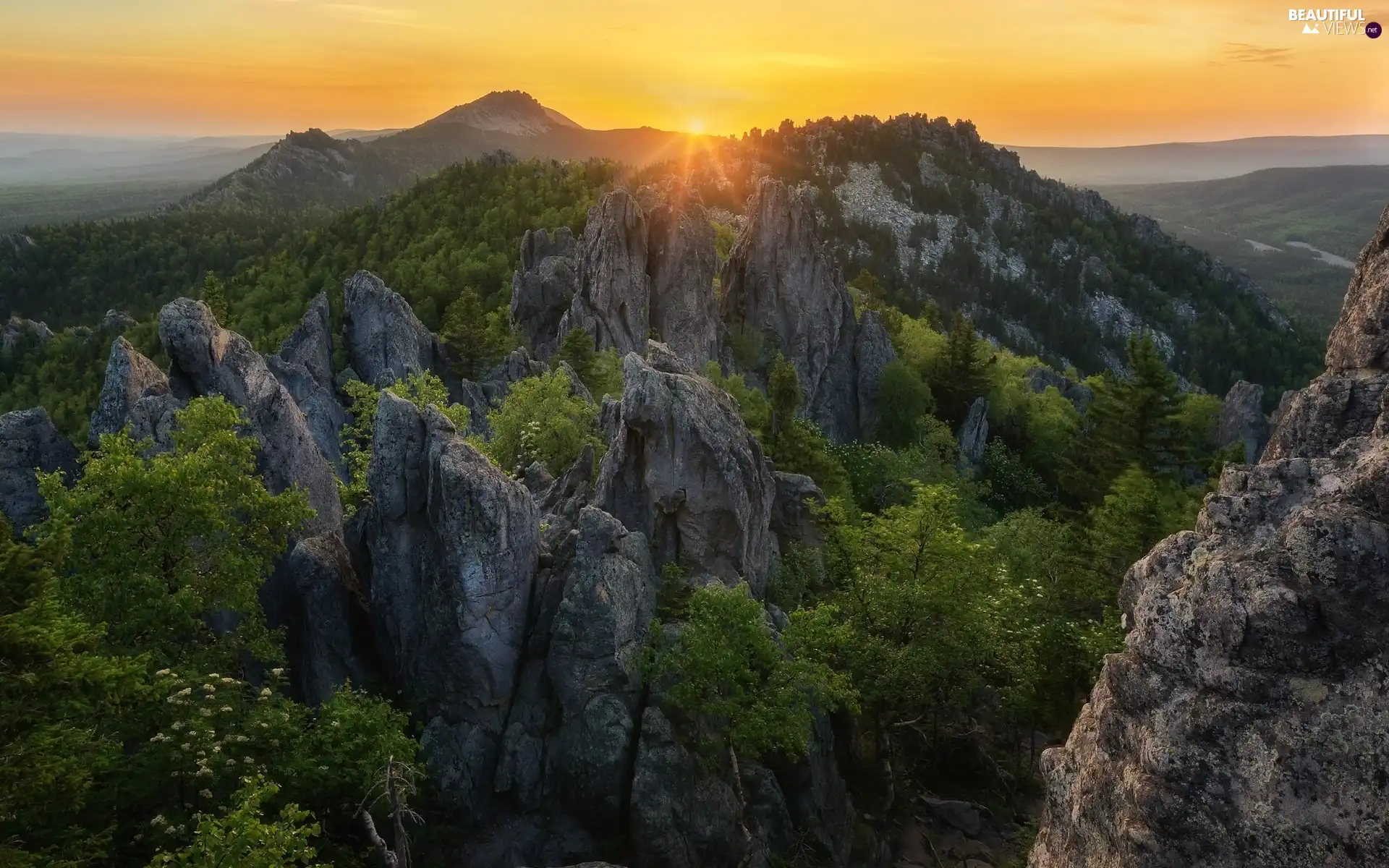 rocks, Mountains, trees, viewes, woods, Sunrise