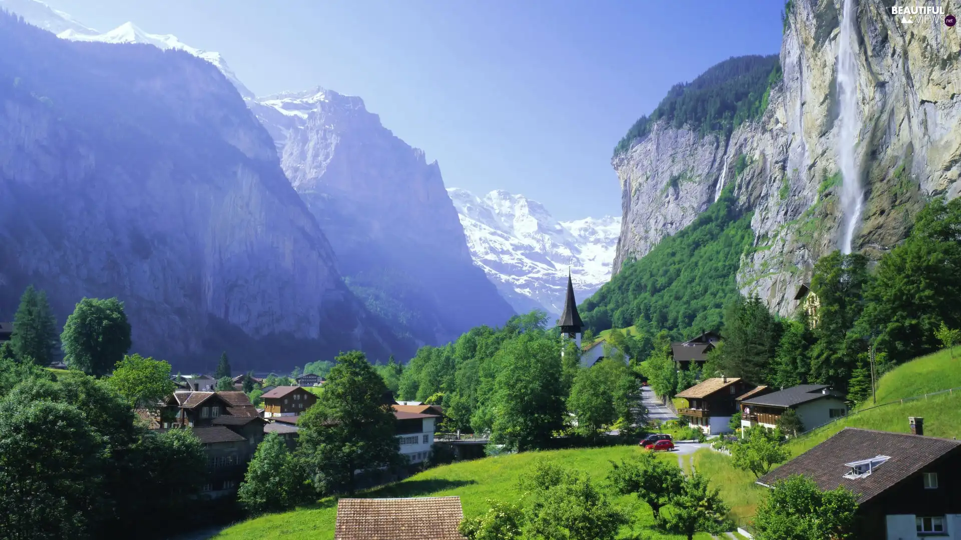 trees, waterfall, Lauterbrunnen, Houses, Mountains, viewes, Switzerland