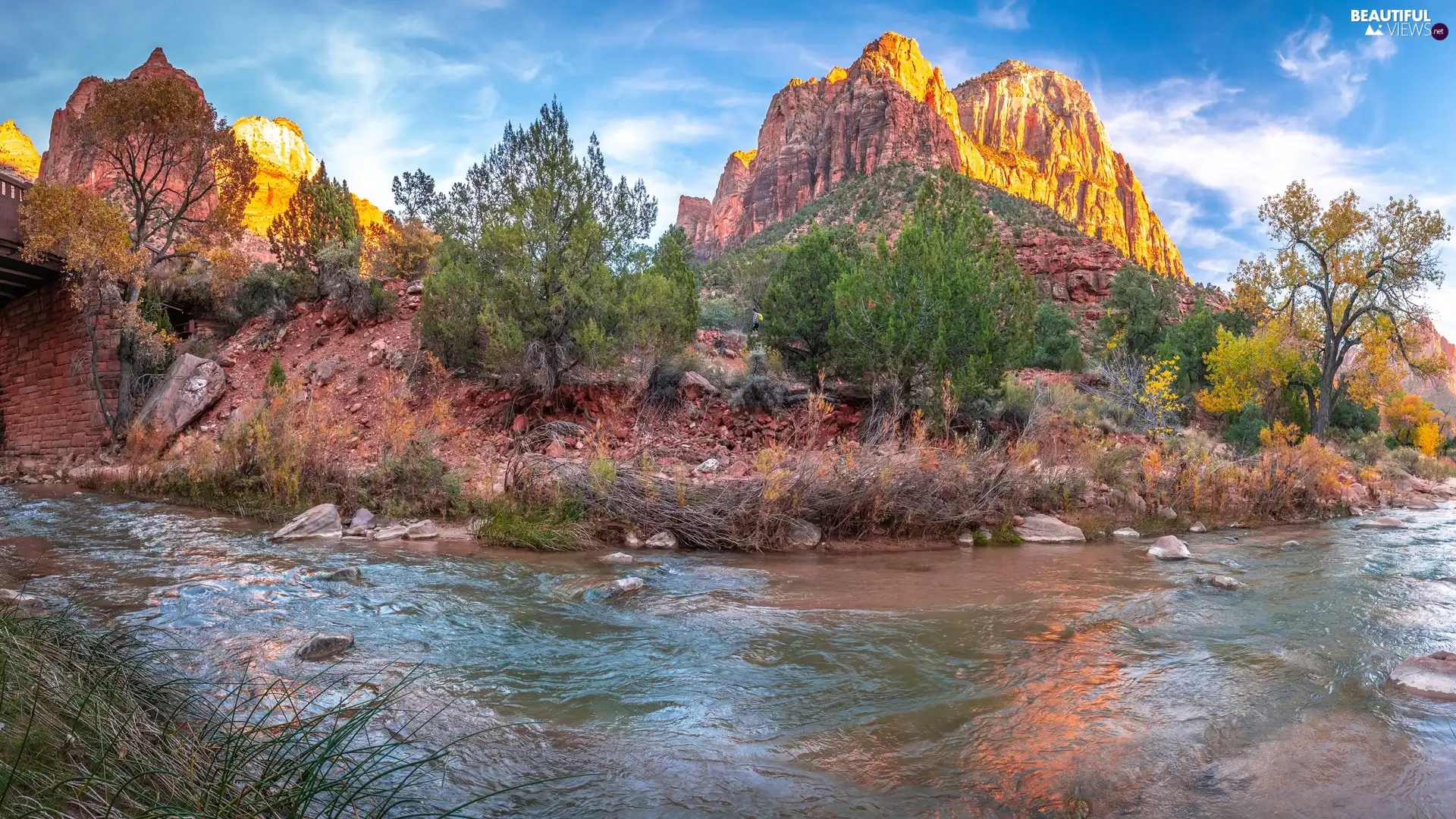 Watchman Mountains, Zion National Park, trees, viewes, Utah State, The United States, Virgin River, Stones, rocks