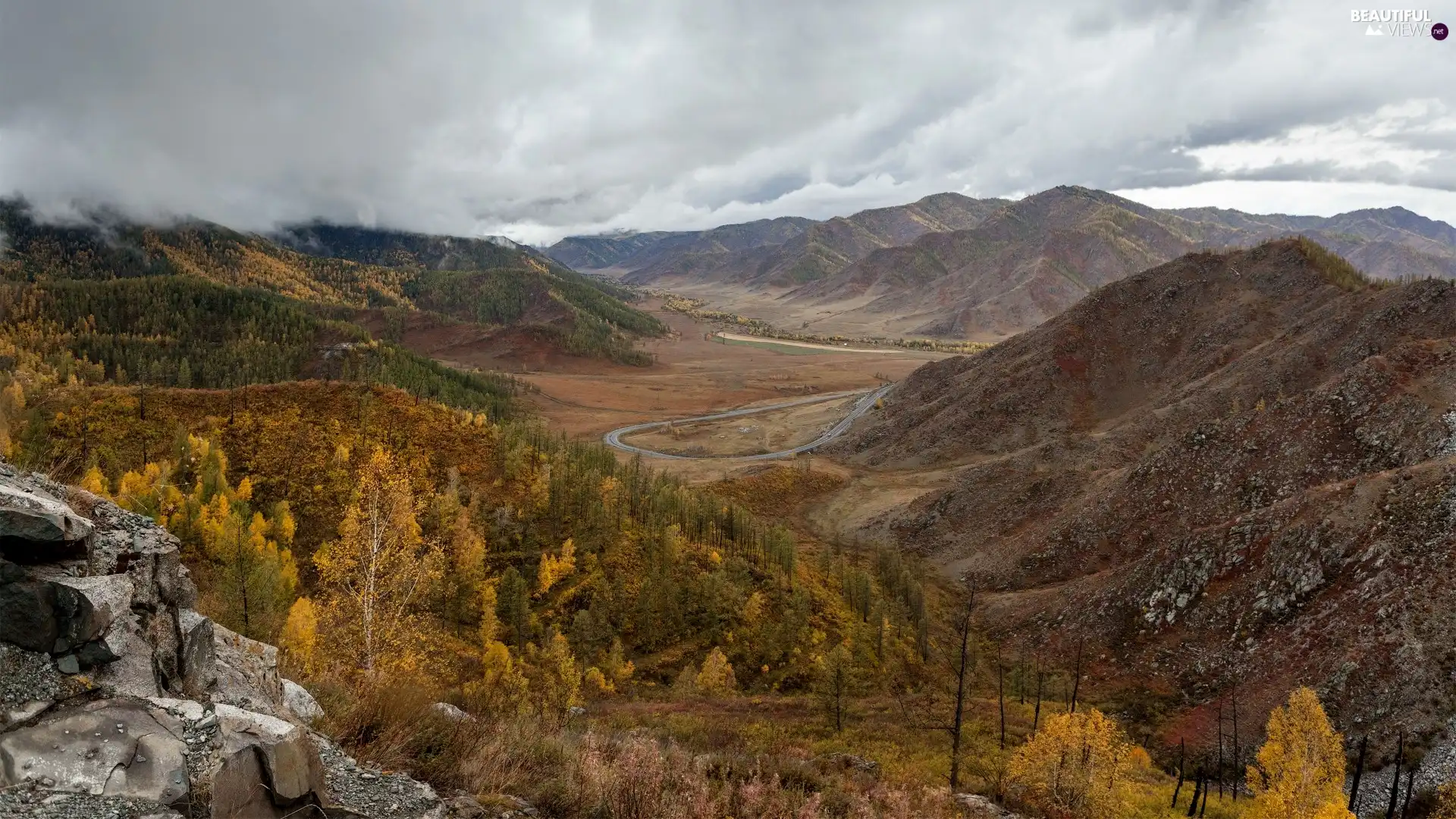 Mountains, autumn, trees, viewes, Way, The Hills