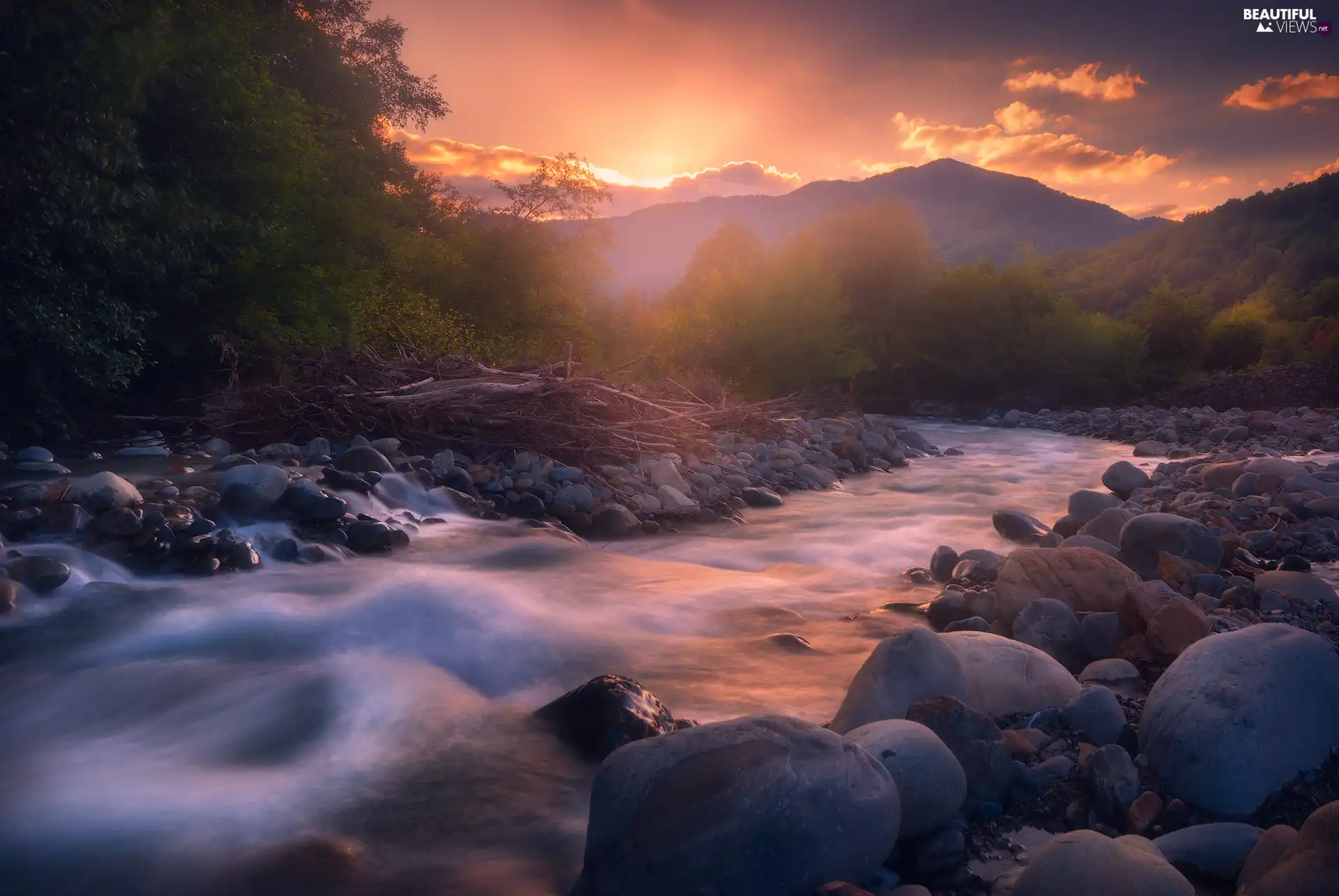 Mountains, River, trees, viewes, Stones, Great Sunsets