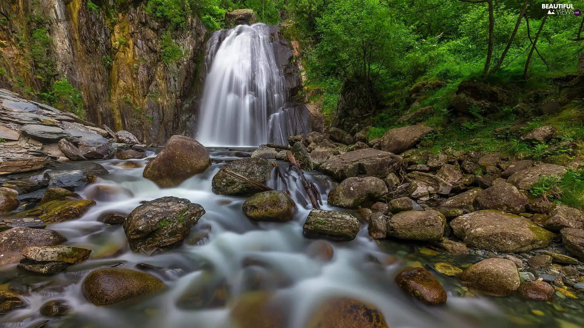 Stones, waterfall, trees, River, rocks, green ones, viewes