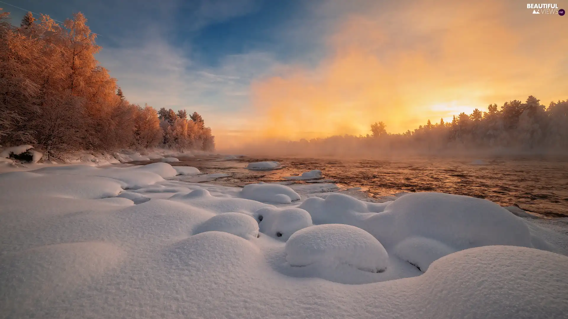 Fog, winter, trees, viewes, River, Great Sunsets