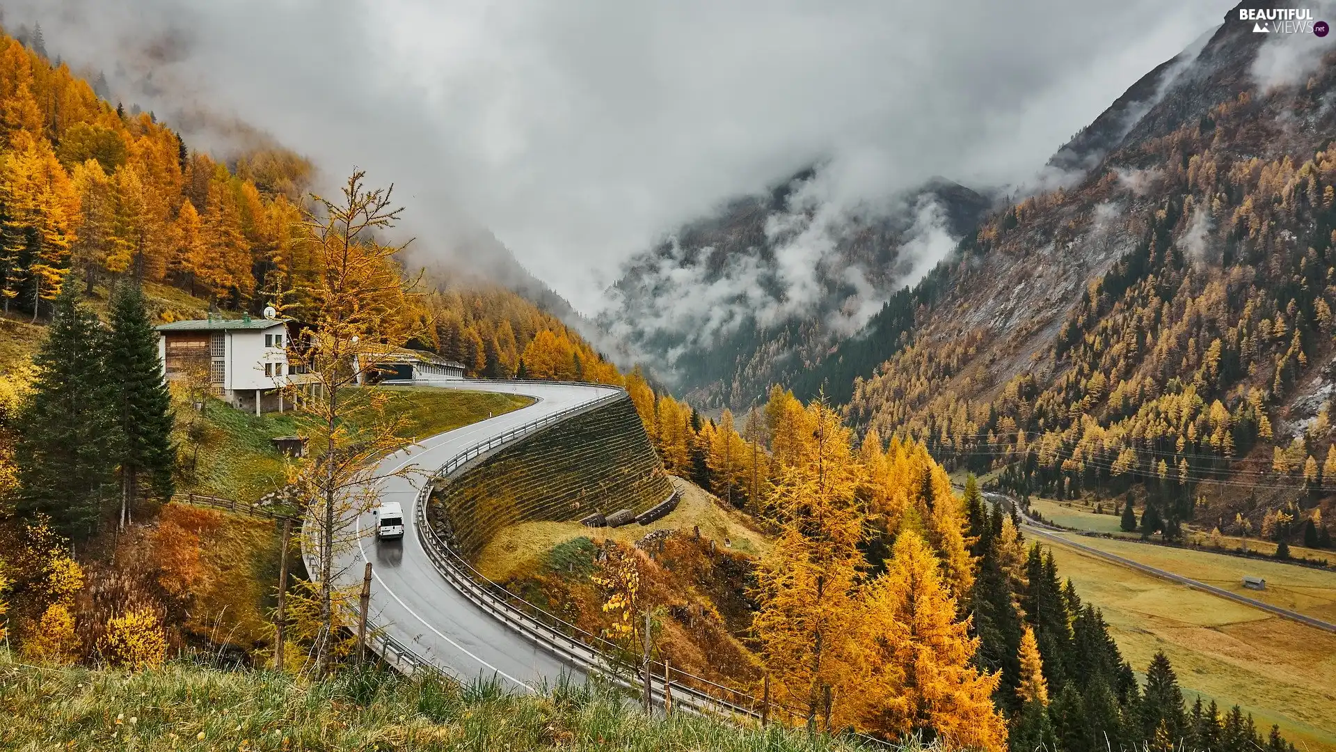 autumn, trees, turn, viewes, Mountains, Way, house