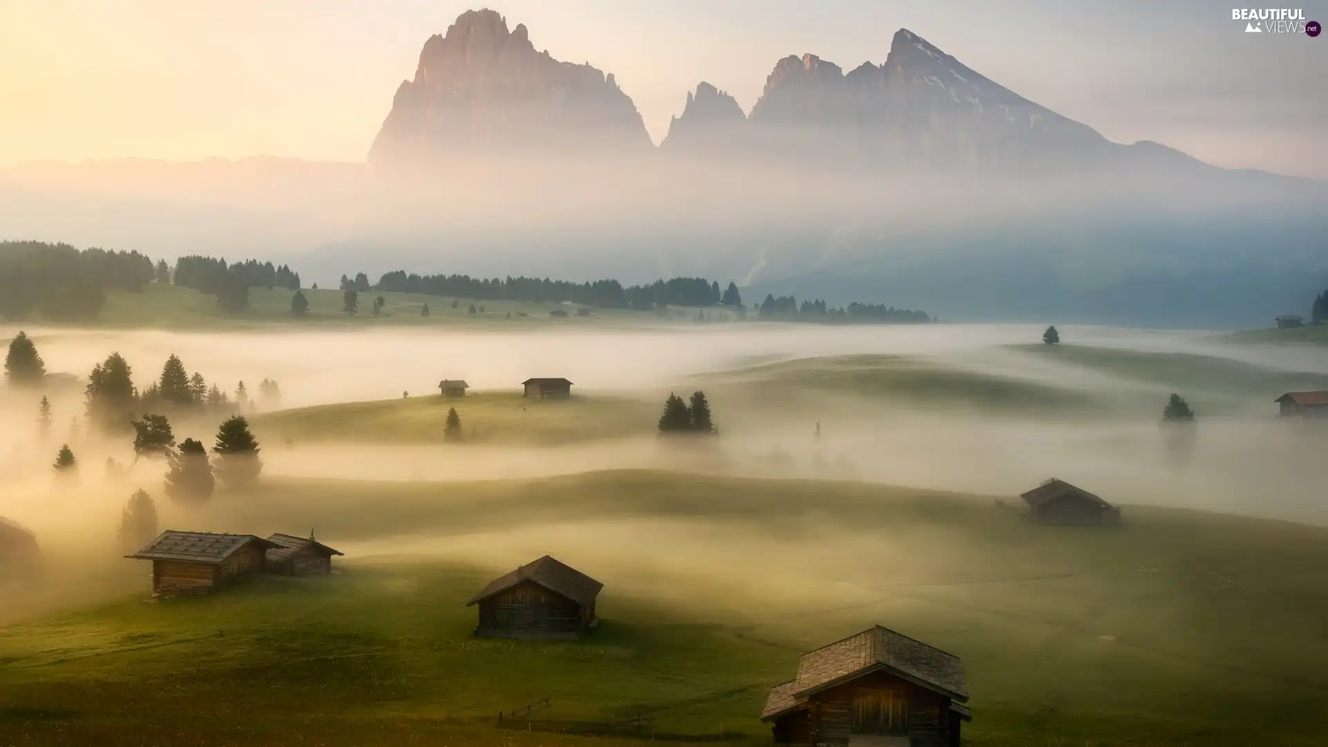 Seiser Alm Meadow, Italy, Val Gardena Valley, Dolomites, viewes, Fog, Houses, trees, Sassolungo Mountains