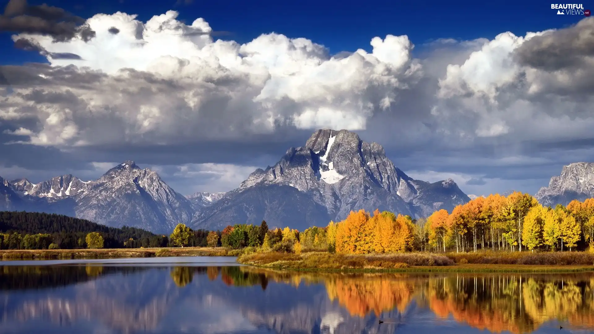 clouds, Mountains, viewes, water, trees, Sky