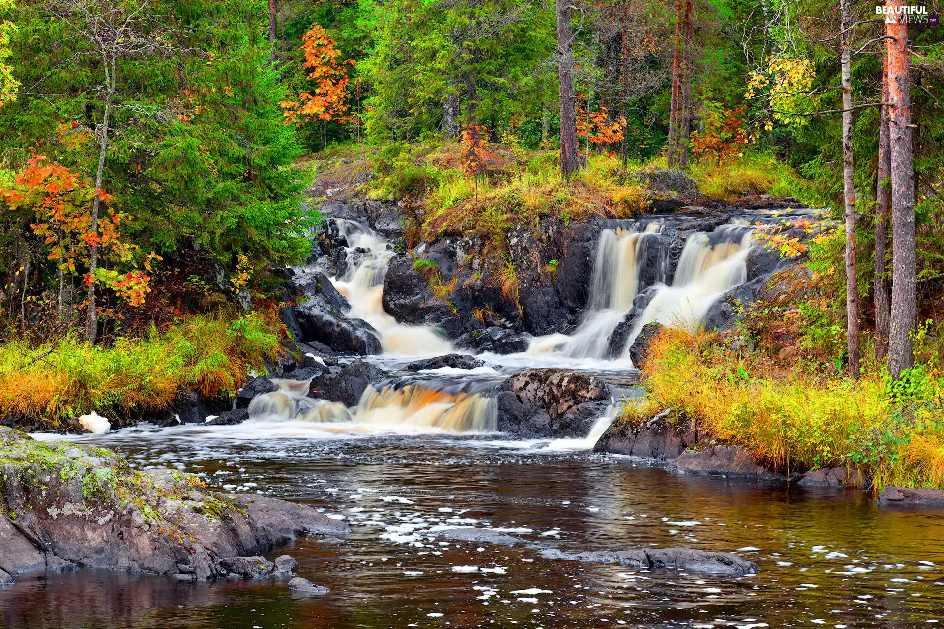 autumn, River, trees, viewes, Stones, waterfall