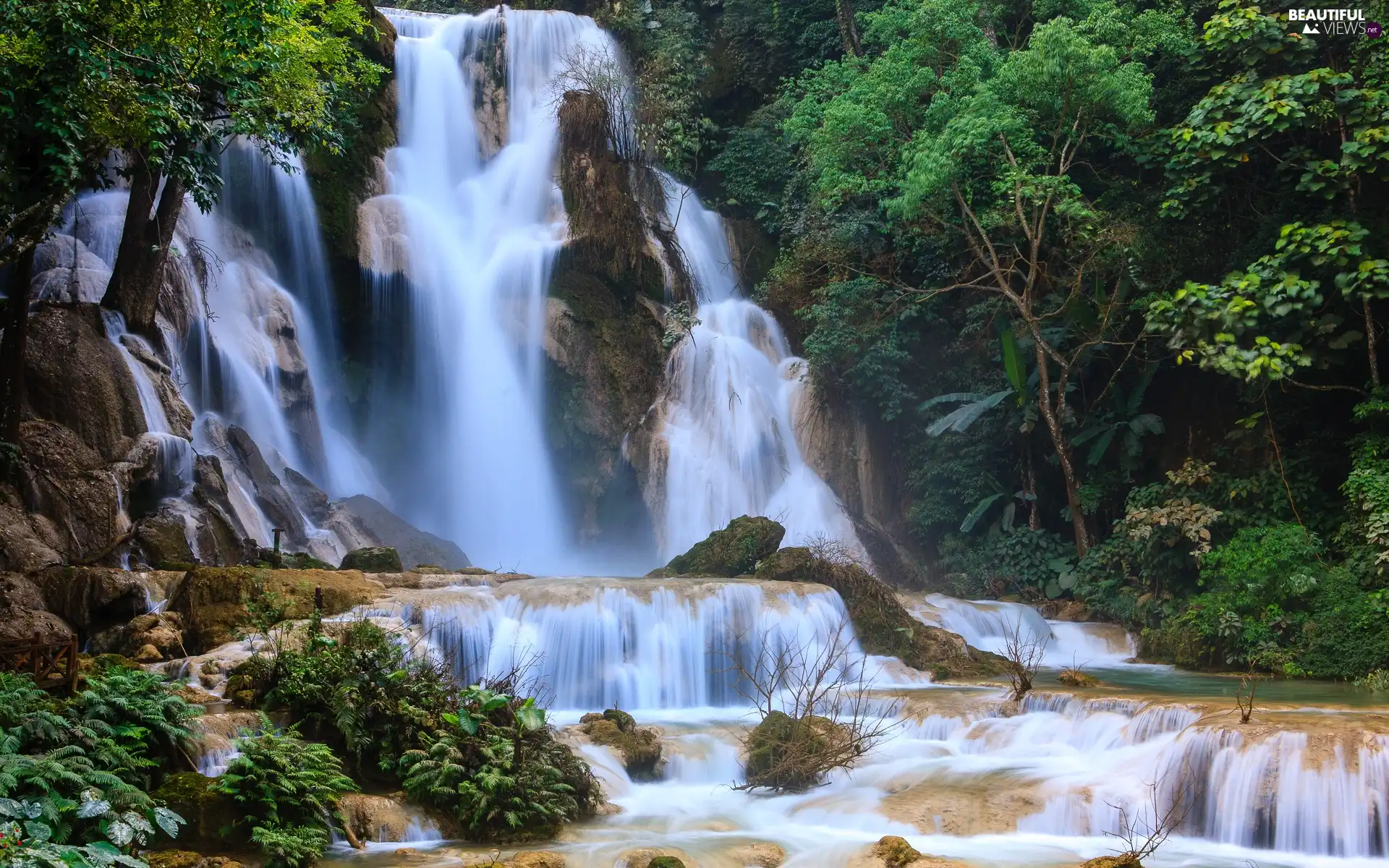 waterfall, trees, viewes, rocks