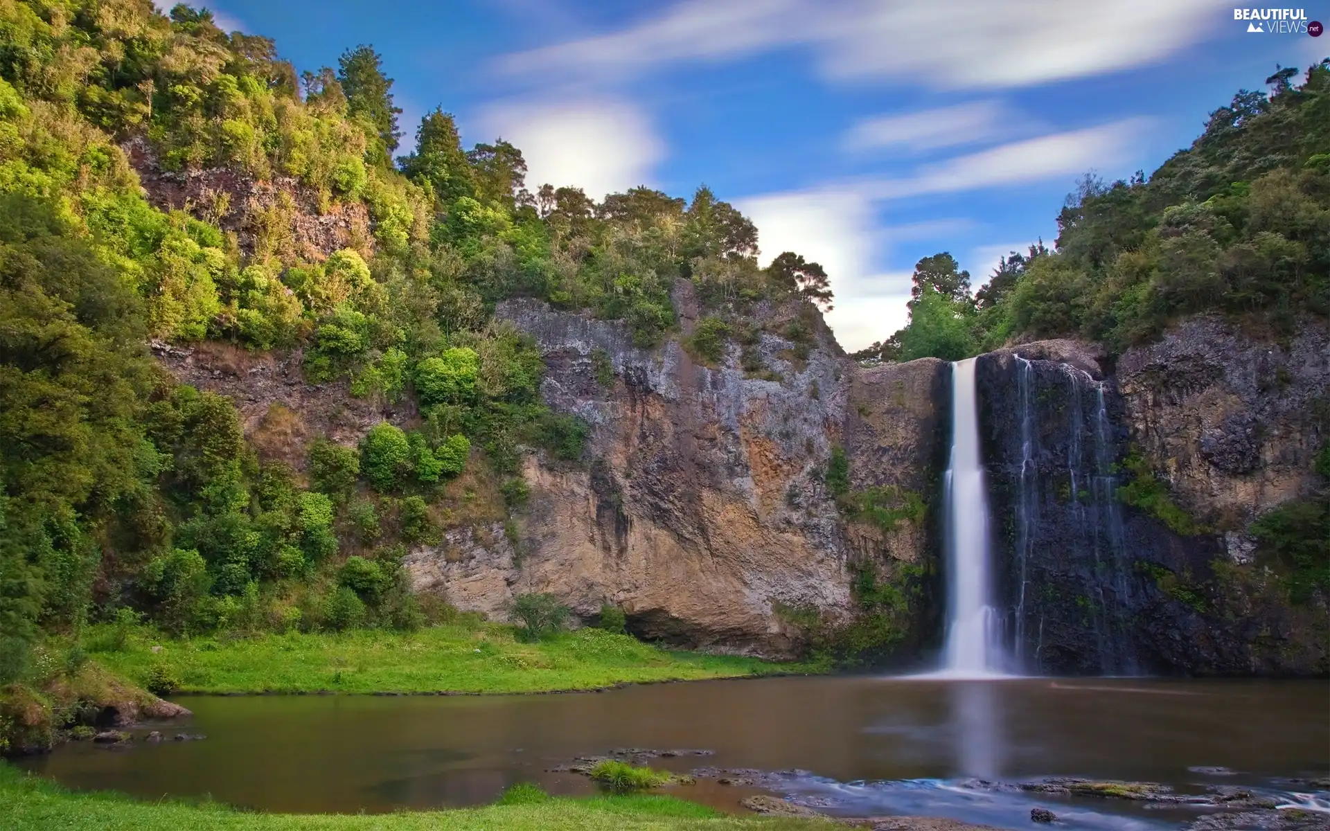 waterfall, trees, viewes, rocks