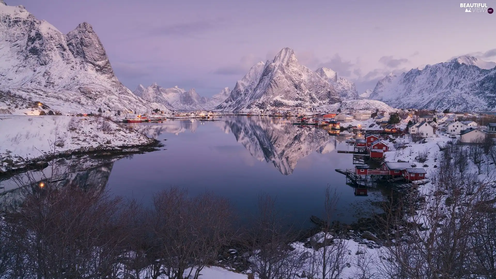 winter, Lofoten, Reine Village, trees, Norwegian Sea, Norway, Moskenesoya Island, viewes, Houses, Mountains