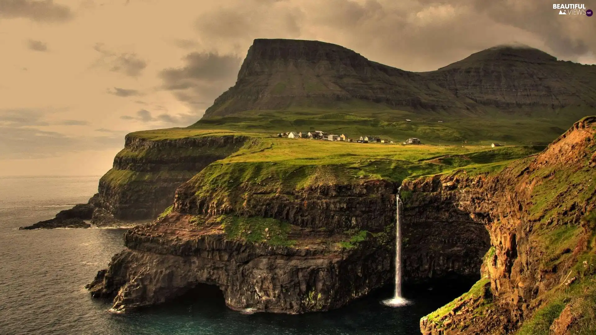 village, sea, mountains, waterfall, Norway