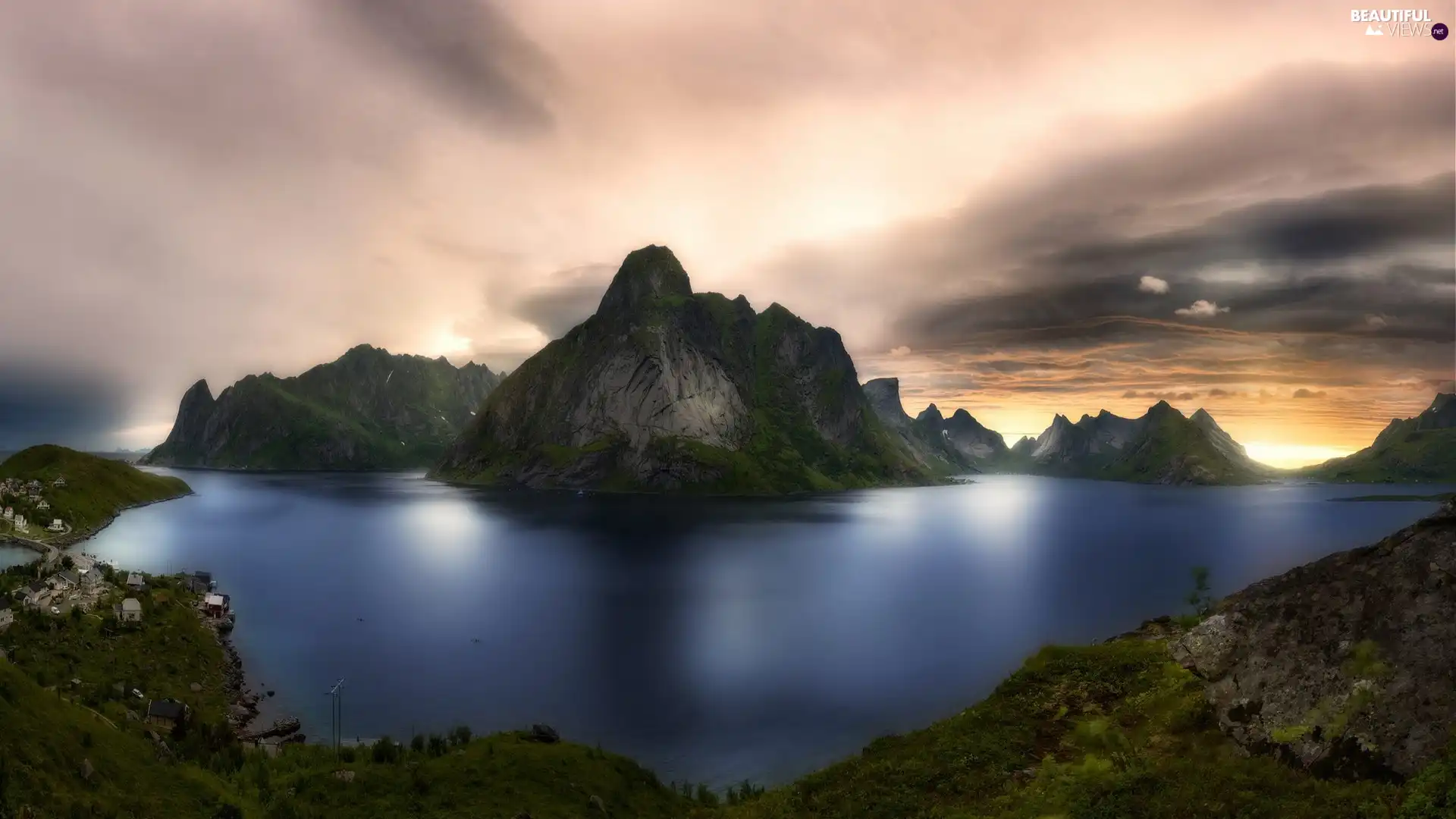 sea, Norway, village, Sunrise, Mountains, Lofoten