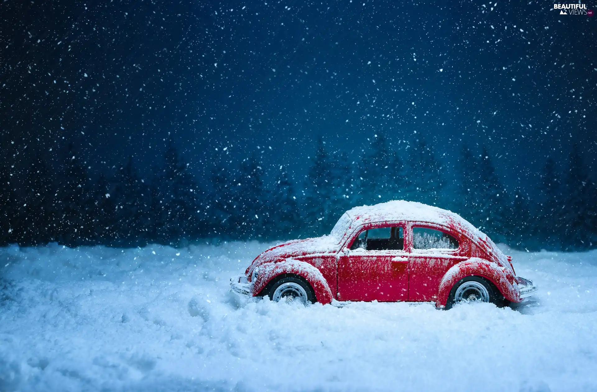 Red, winter, toy, Volkswagen Beetle, car, snow
