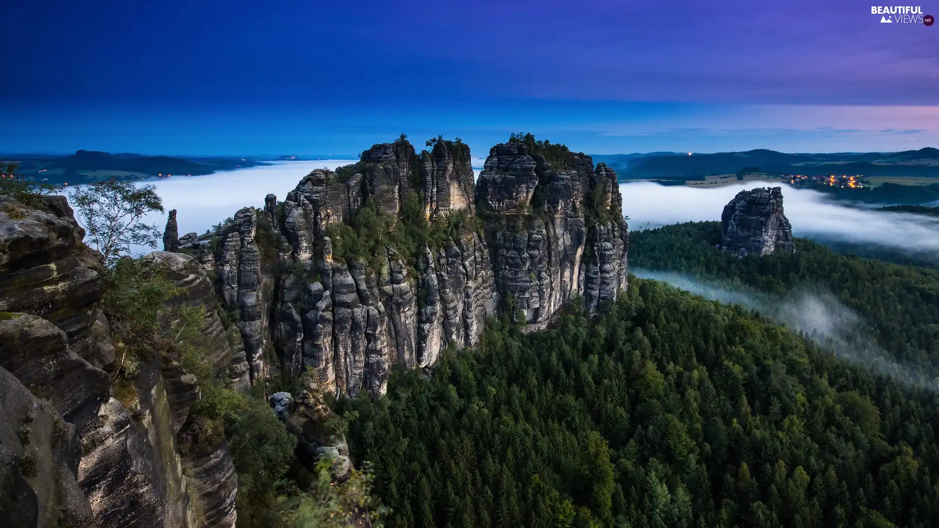 viewes, rocks, Saxon Switzerland National Park, trees, Děčínská vrchovina, Fog, Germany