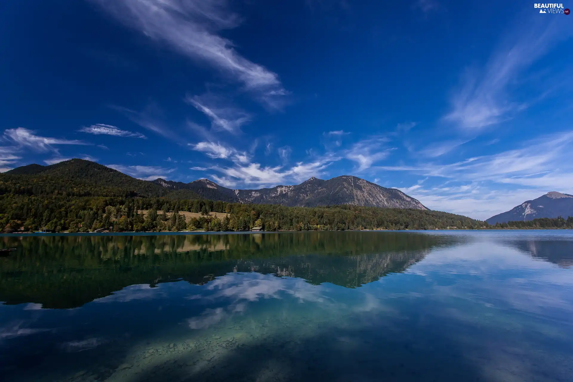 Walchensee Lake, Mountains, reflection, Bavarian Alps, viewes, Bavaria, Germany, trees