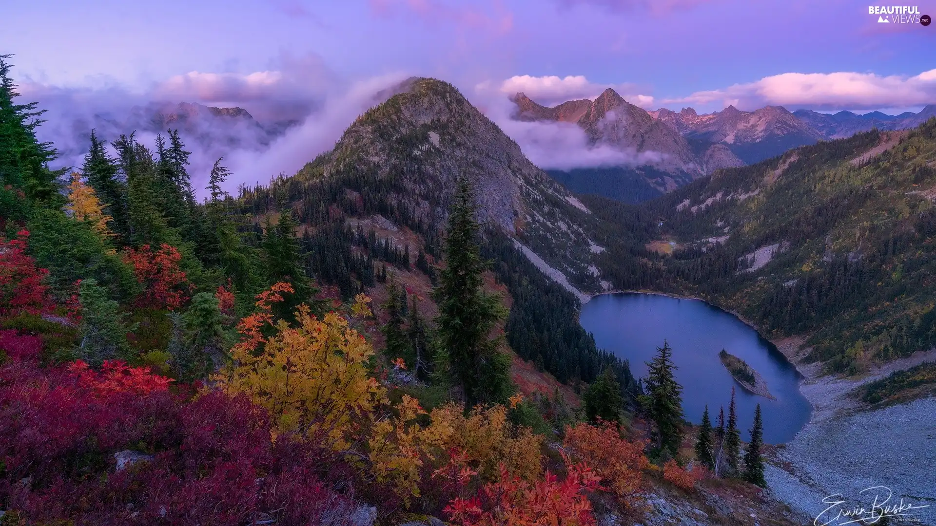 Mountains, North Cascades National Park, lake, trees, Washington State, The United States, color, Bush, viewes