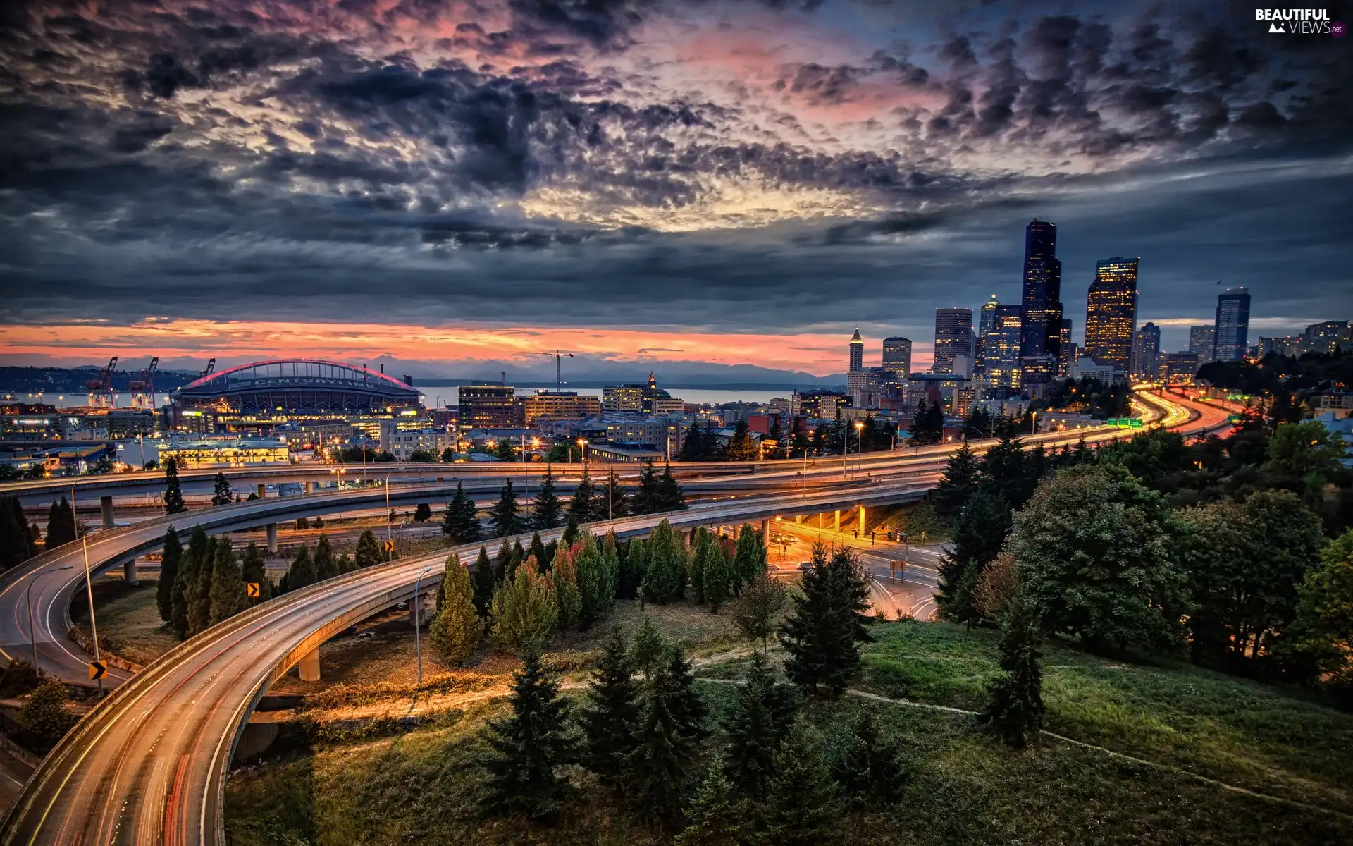 clouds, Seattle, roads, Washington State, trees, Town, skyscrapers, The United States, Sky, viewes