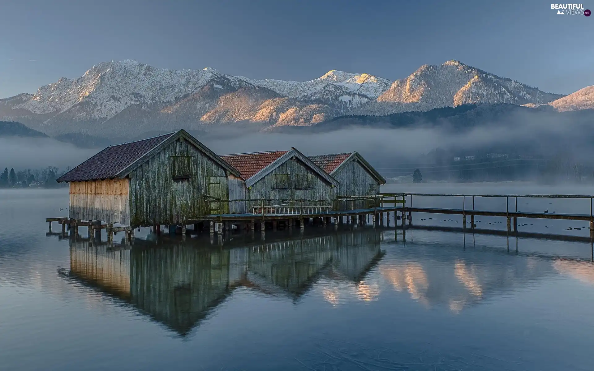 an, water, winter, Mountains, Fog, Sheds, lake, woods