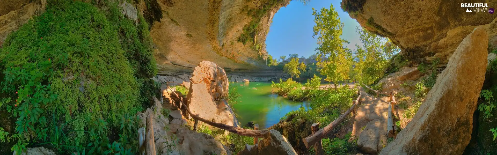 cliff, Path, water, forest