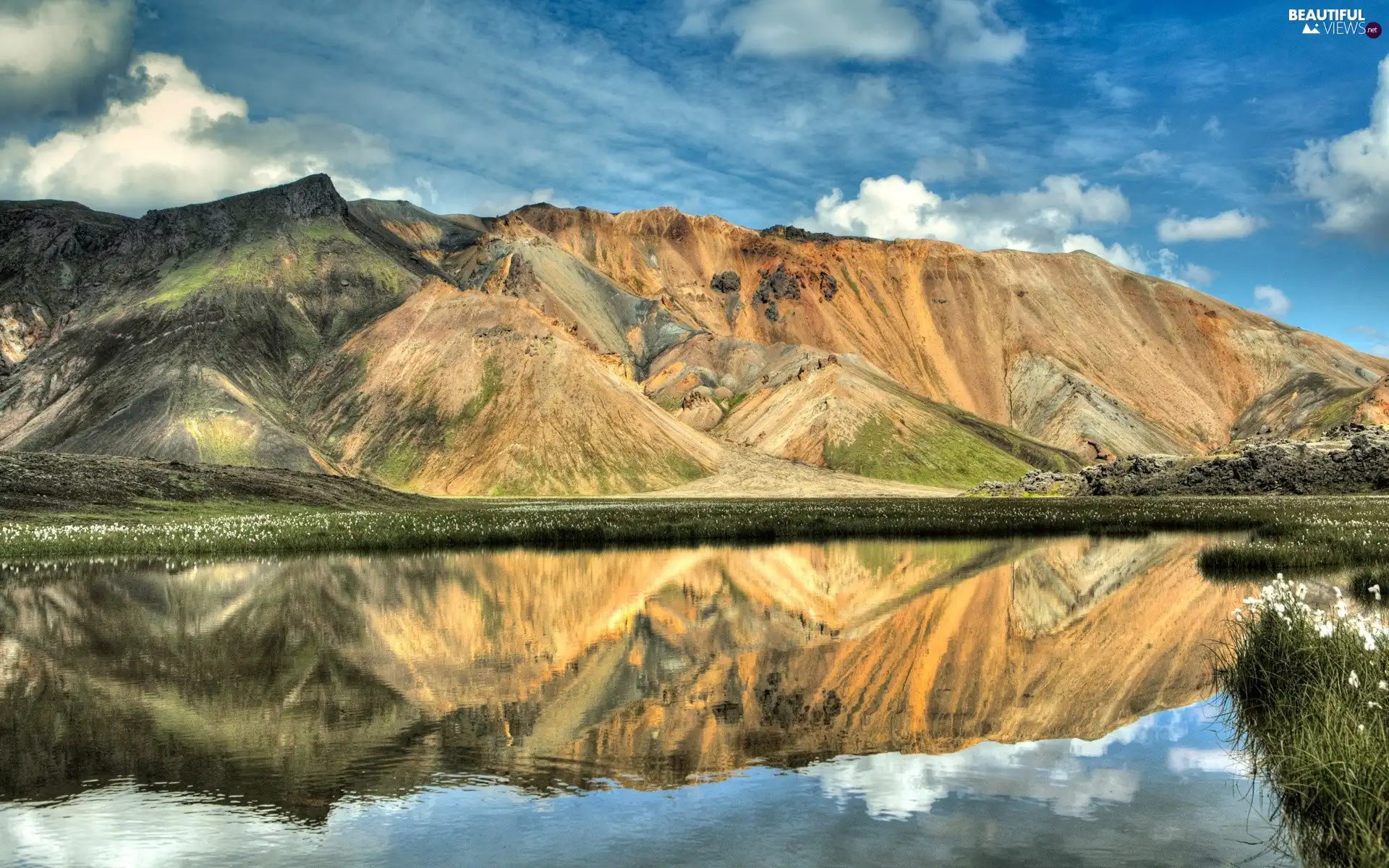 water, Mountains, clouds