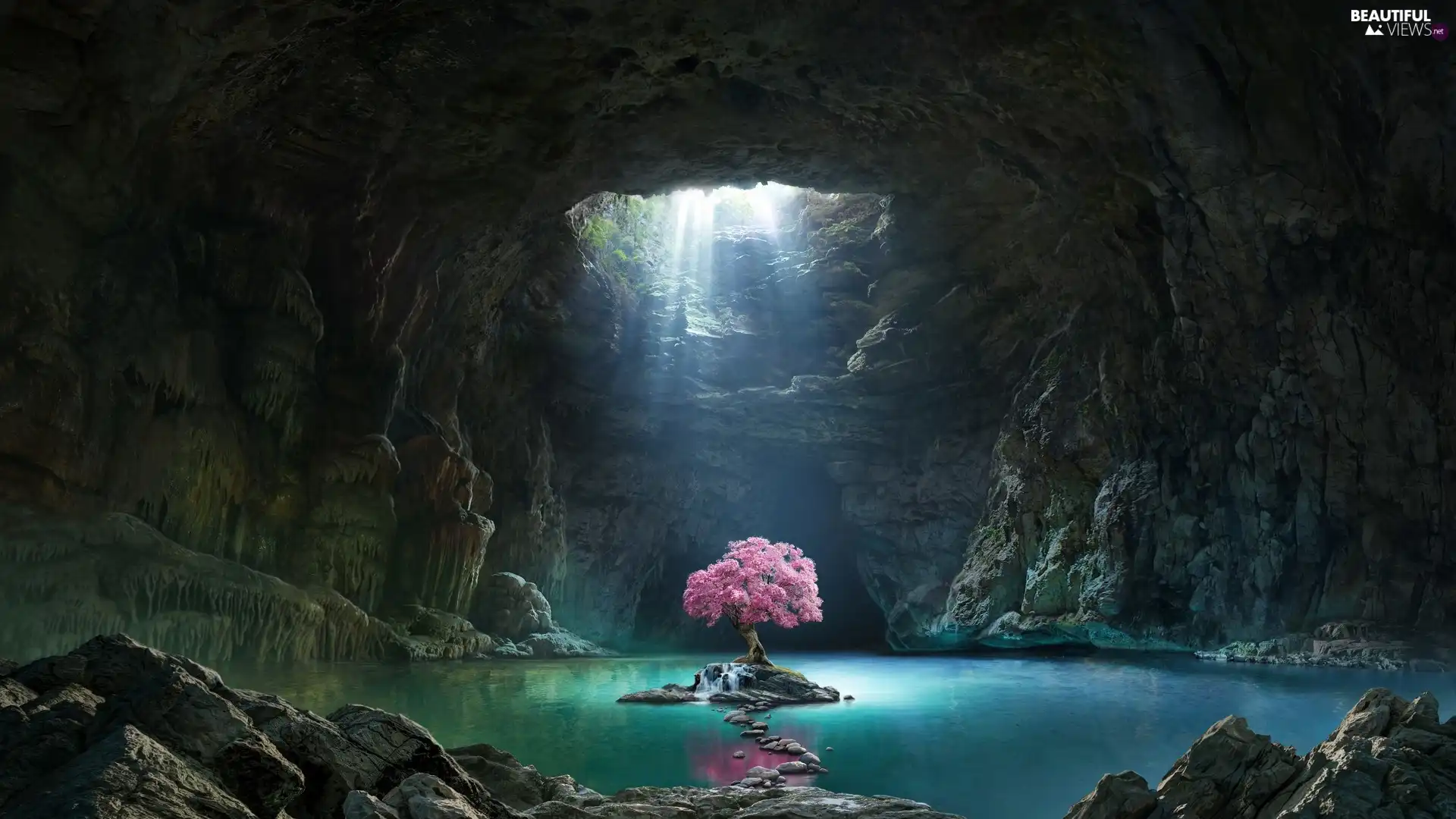 water, cave, ligh, sun, trees, graphics, luminosity, flourishing, flash