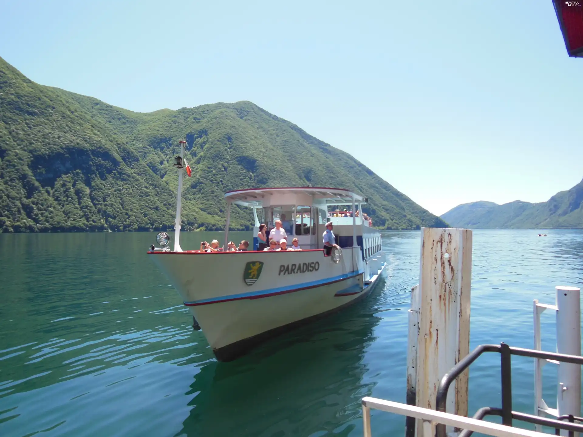 Switzerland, Gandria, water, Mountains, Ship, Lugano