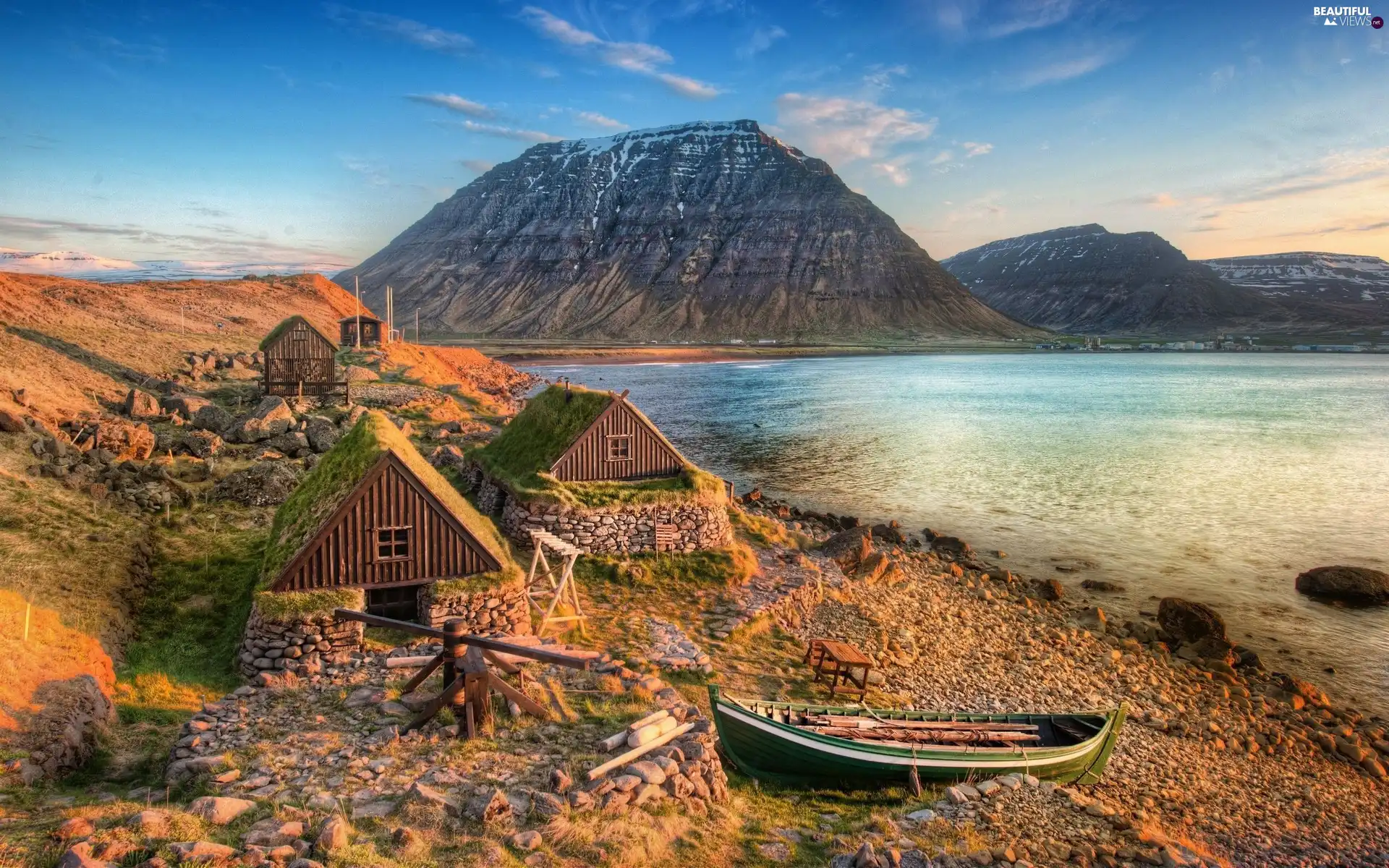 Valley, Houses, water, Boat