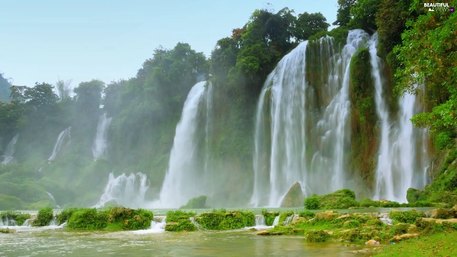 waterfalls, Streams, water, green