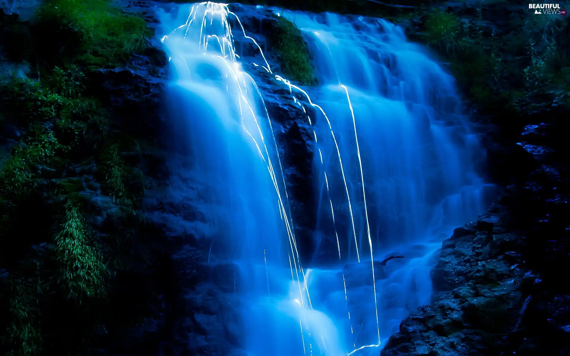 waterfall, Mountains, blue