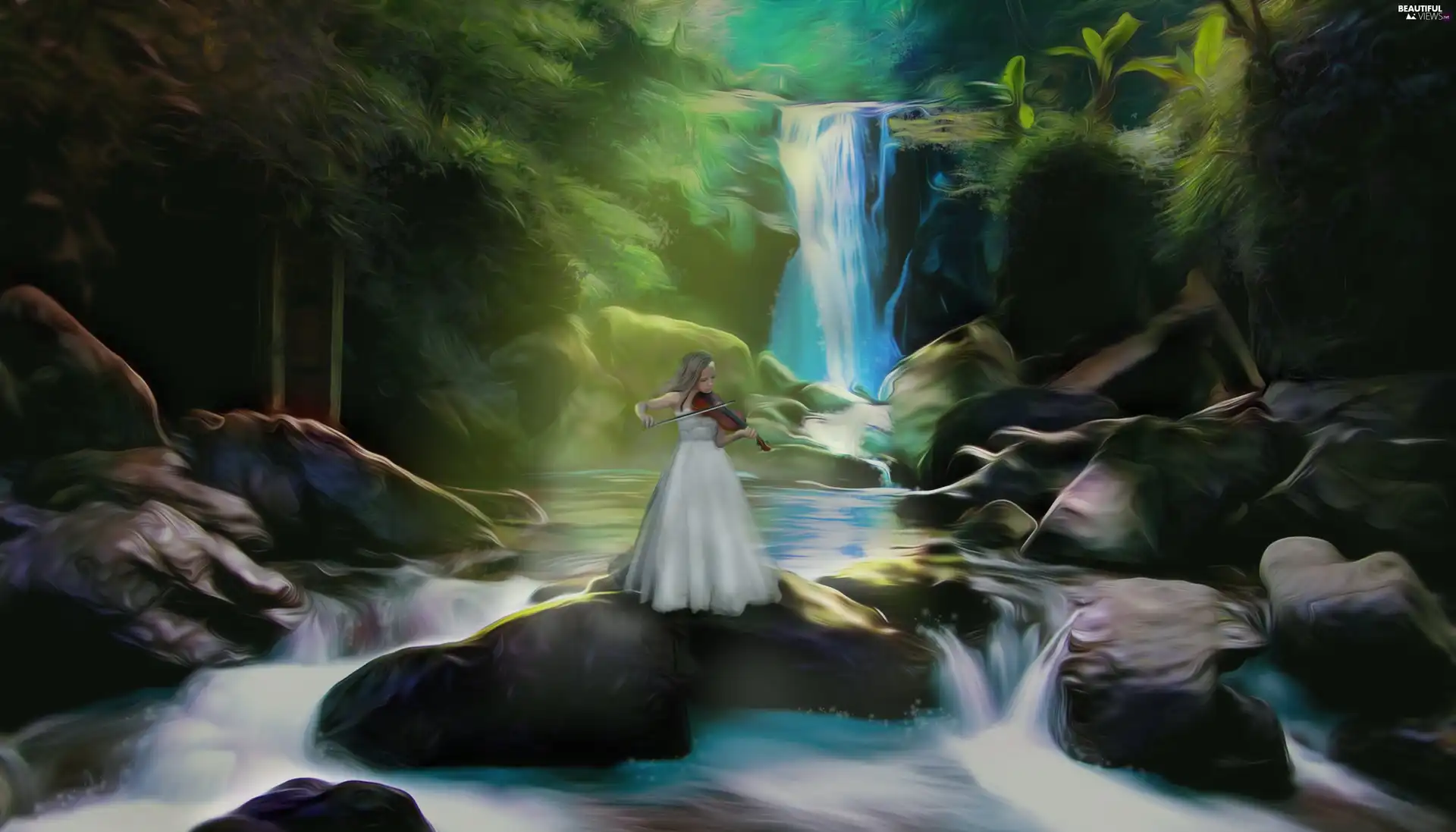 waterfall, forest, Women, Stones, fantasy