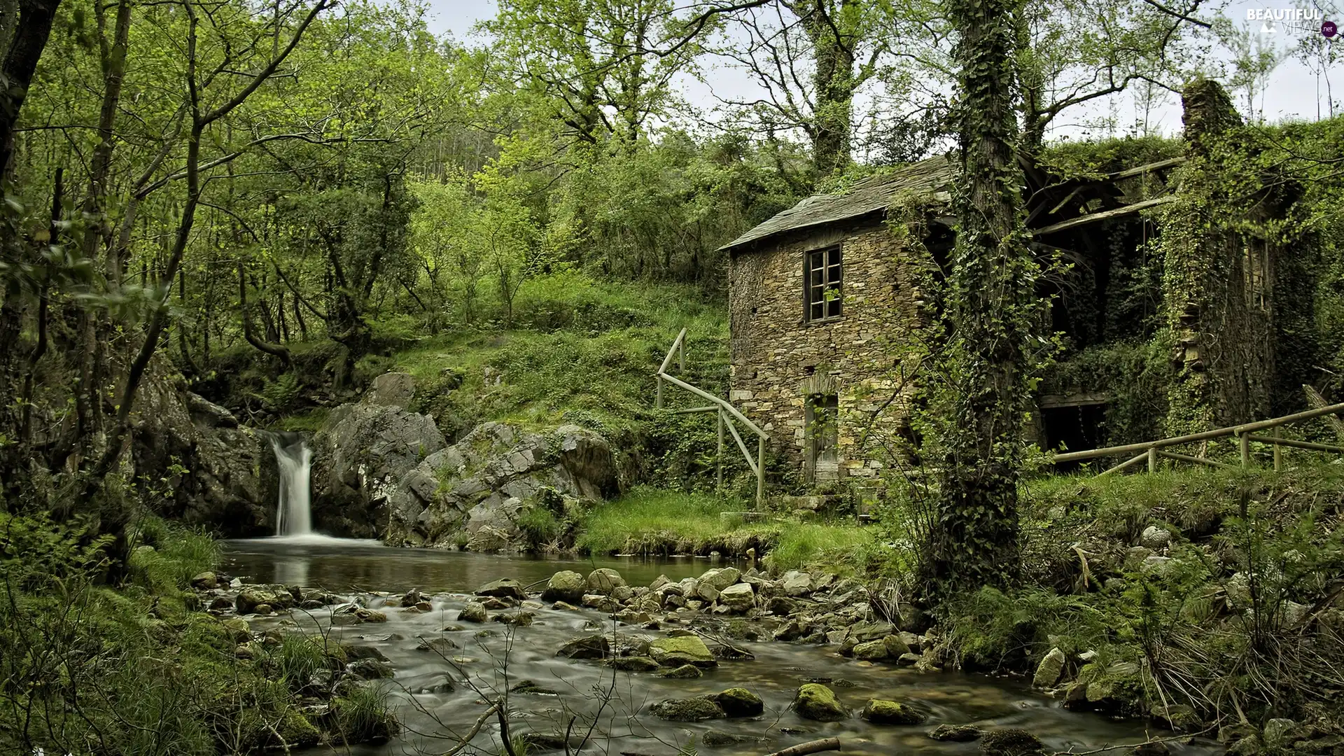 waterfall, House, Stones, River, forest