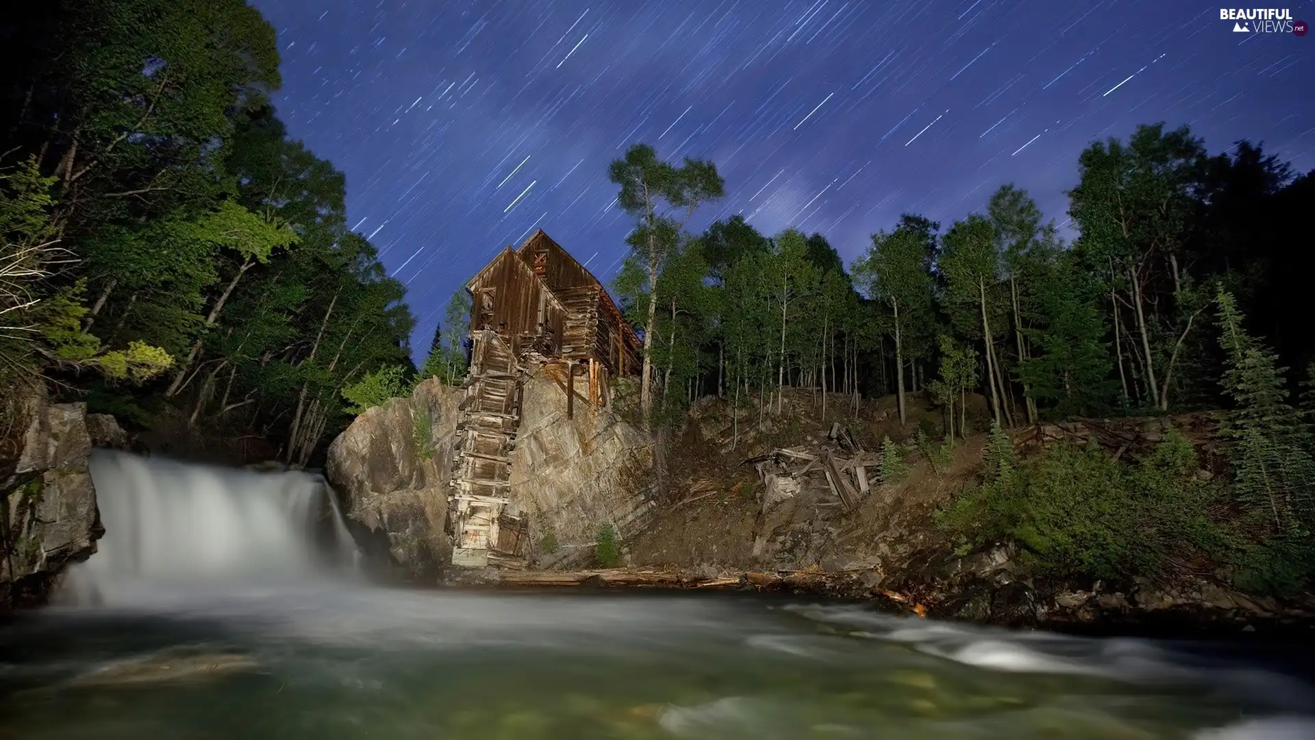 Home, forest, waterfall, Meteor Showers