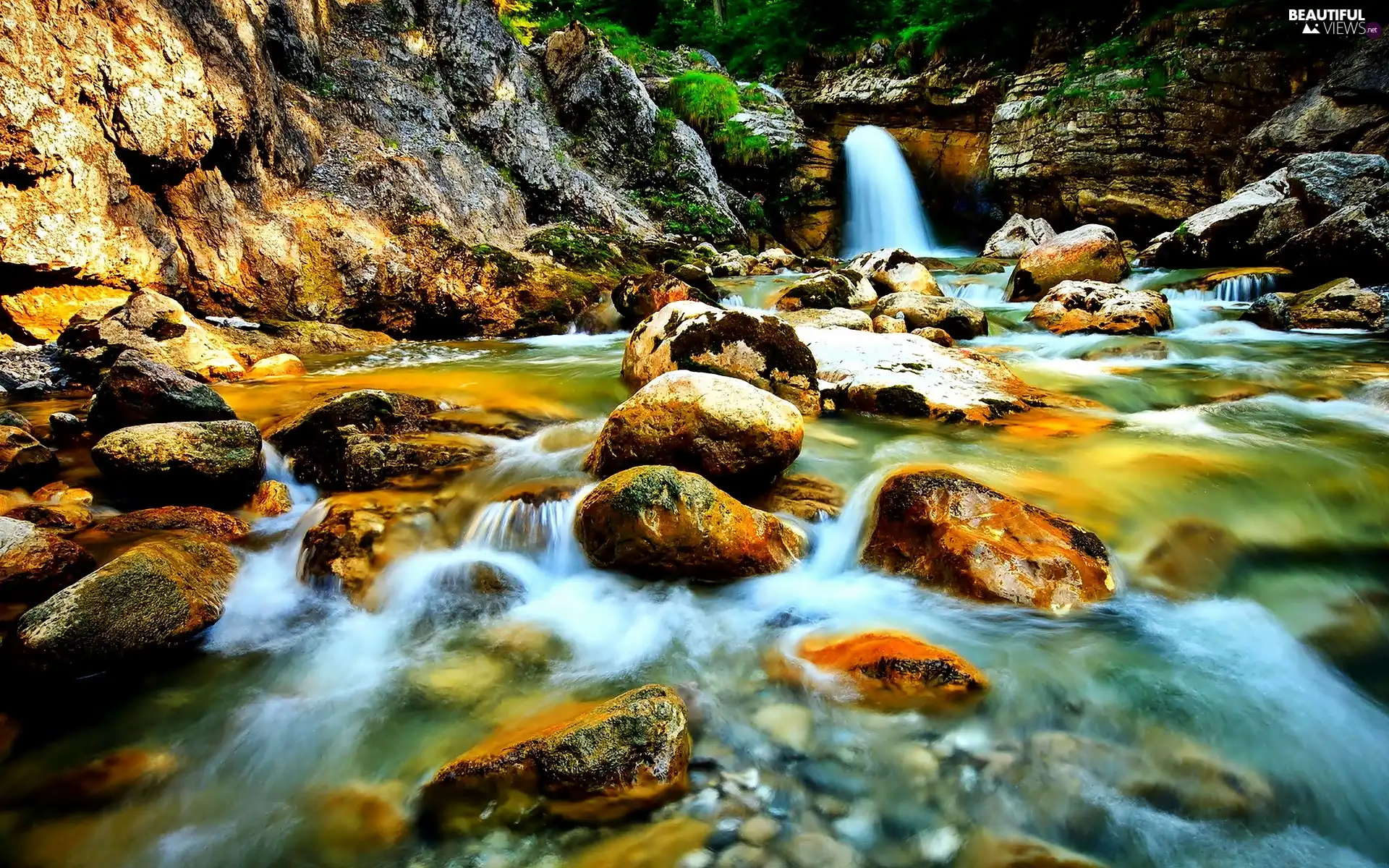 rocks, boulders, waterfall, River