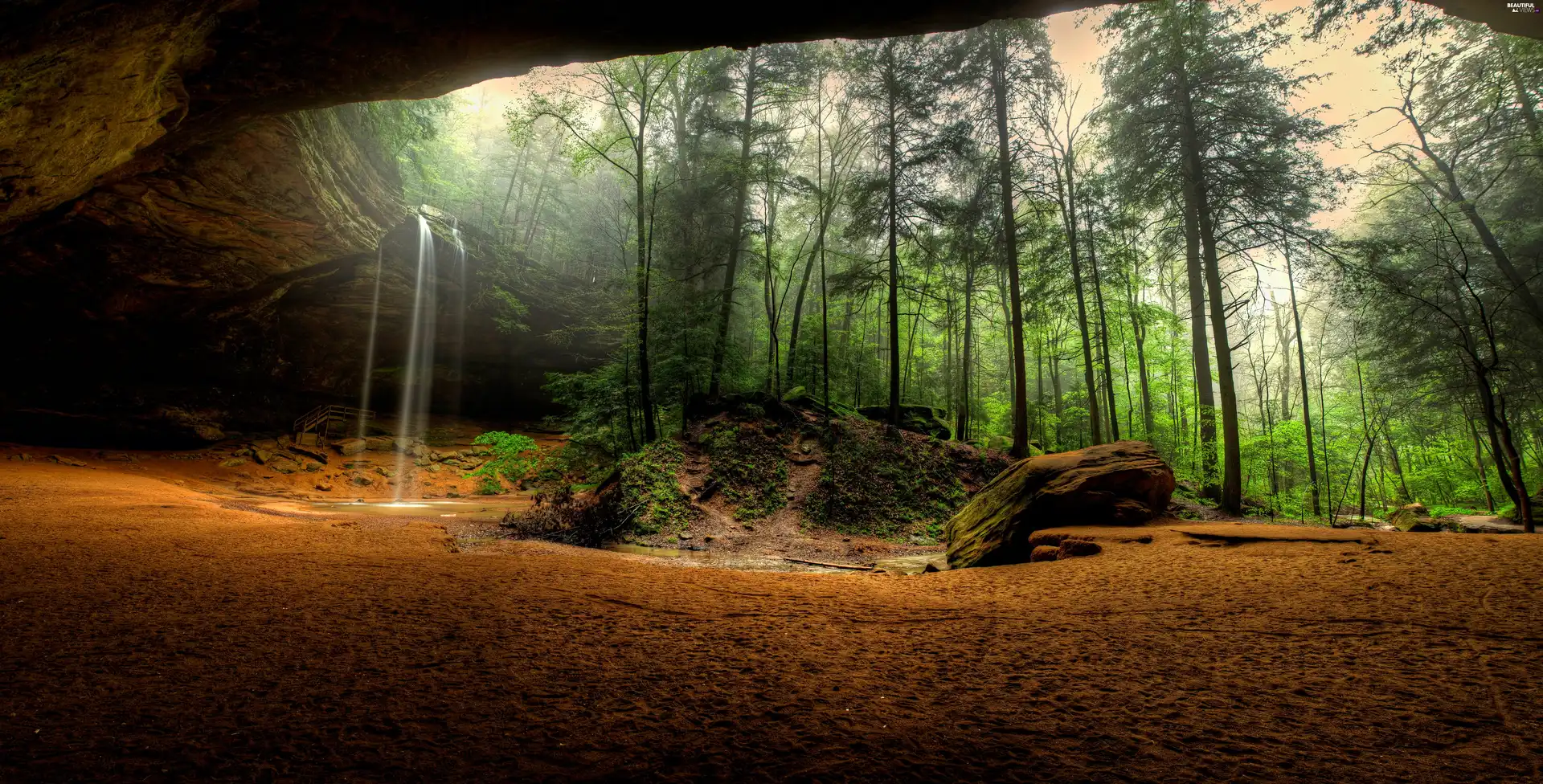 waterfall, forest, rocks