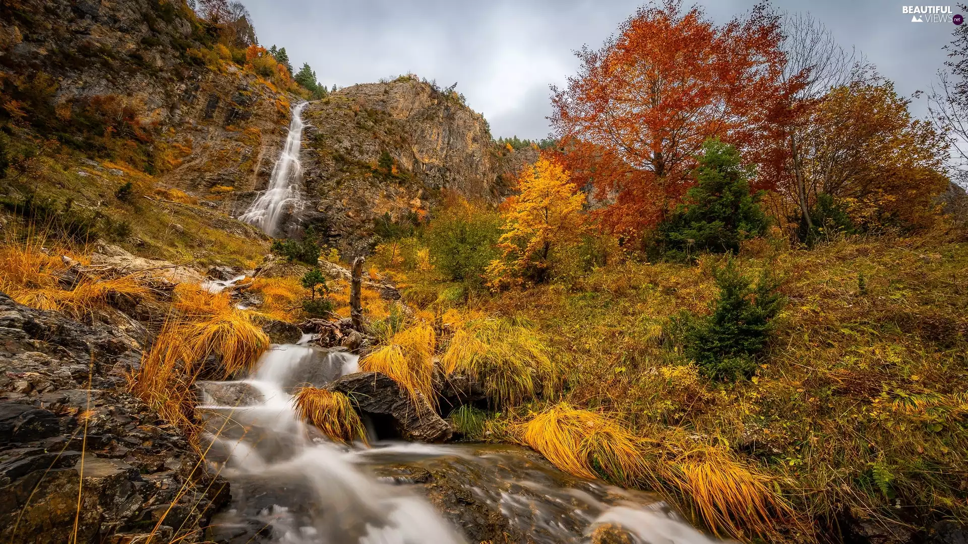 River, rocks, viewes, waterfall, autumn, trees, grass