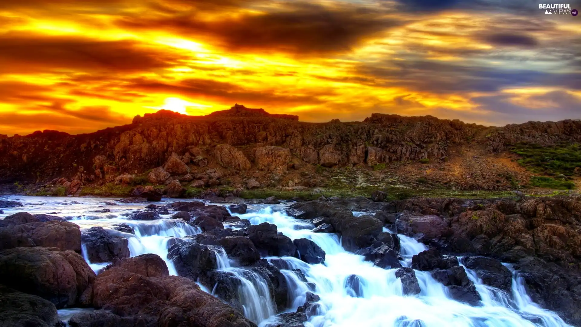 west, rocks, waterfall, sun