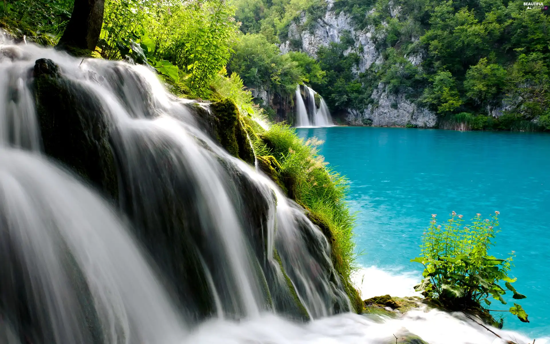 waterfalls, forest, lake