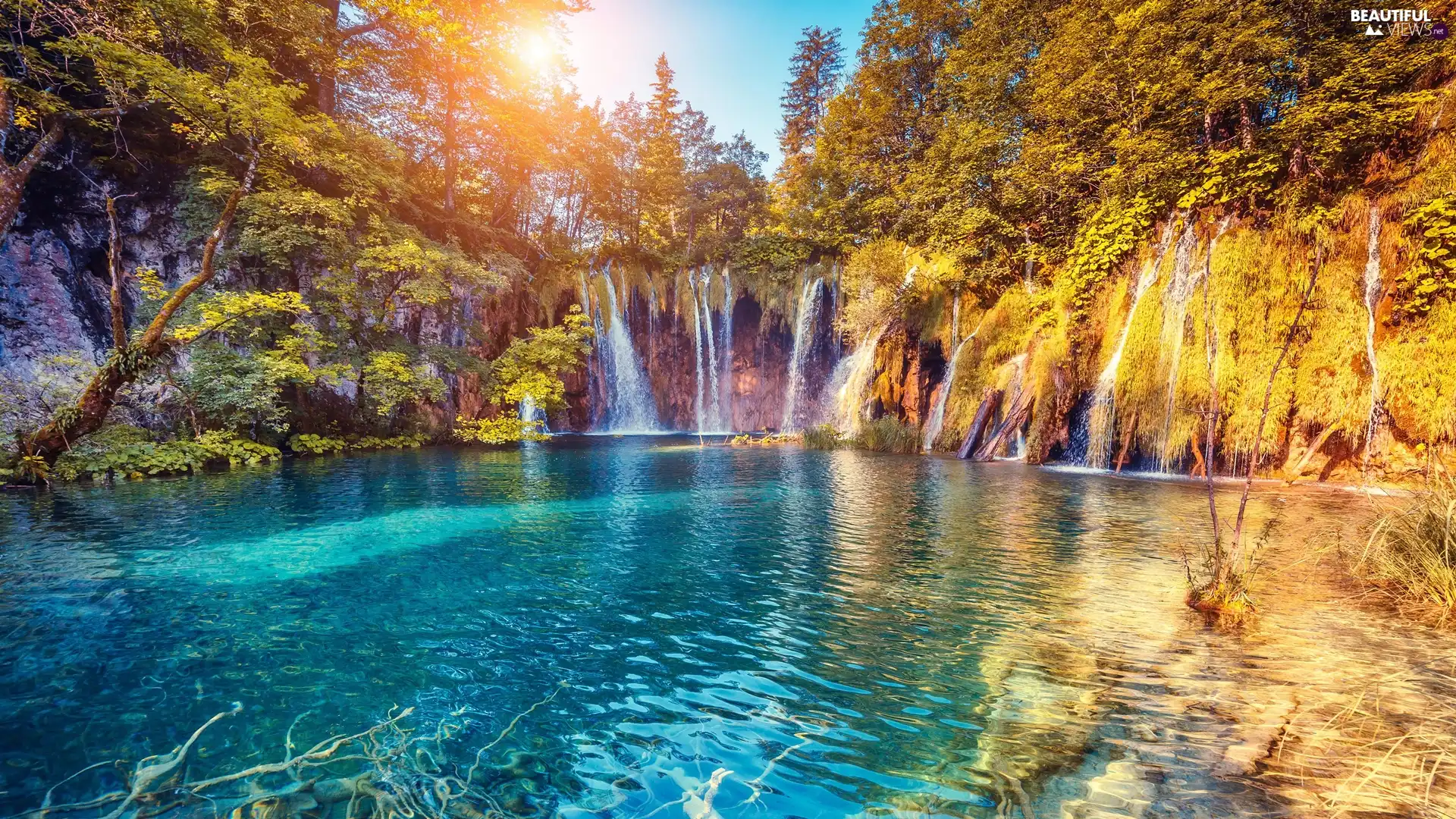 trees, viewes, Plitvice Lakes National Park, waterfalls, Sunrise, lake, Coartia, VEGETATION