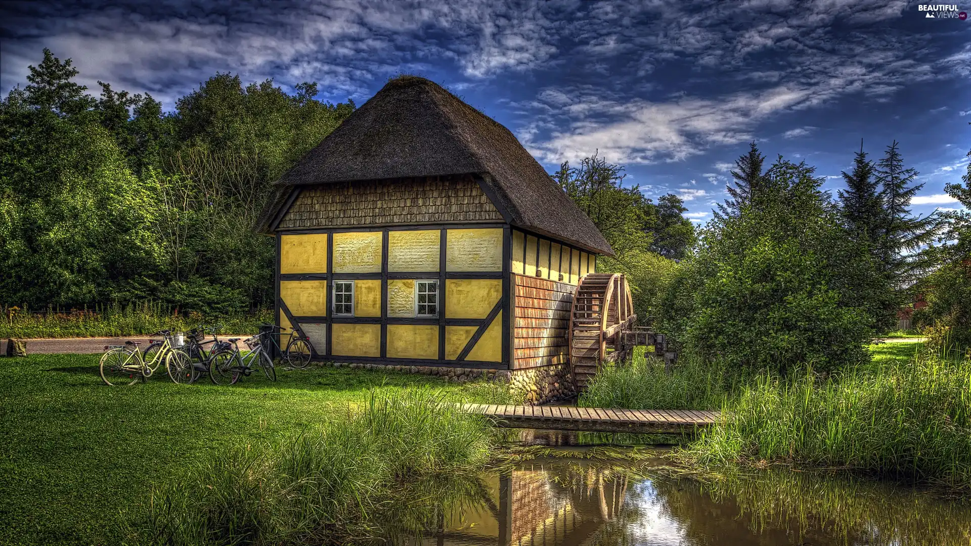 Watermill, Bikes, stream, footbridge, forest