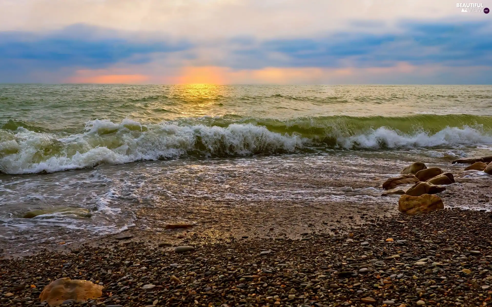 sea, west, Waves, coast, Stones, sun