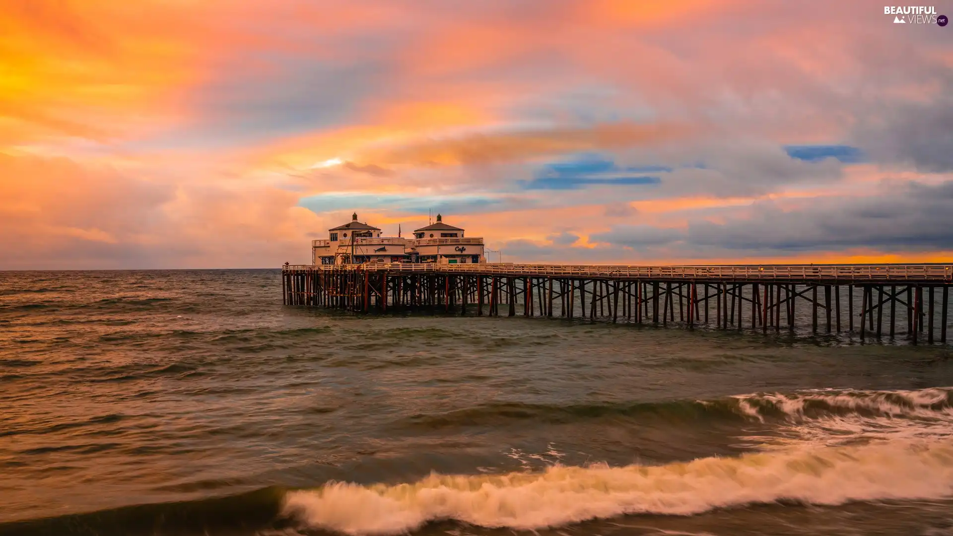sea, Waves, Great Sunsets, pier