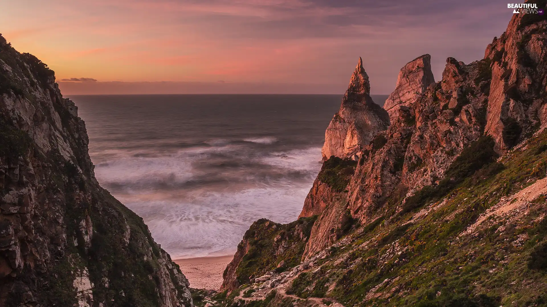 rocks, Waves, Great Sunsets, sea