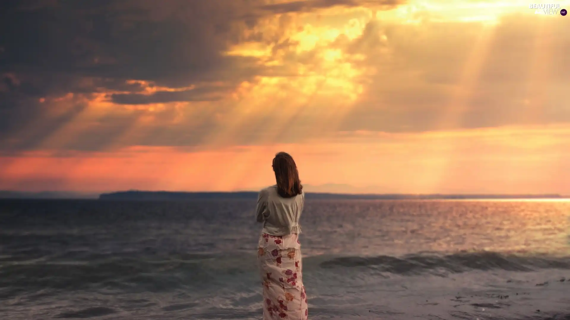 sea, Women, Waves, clouds, flash, luminosity, ligh, sun, Przebijające