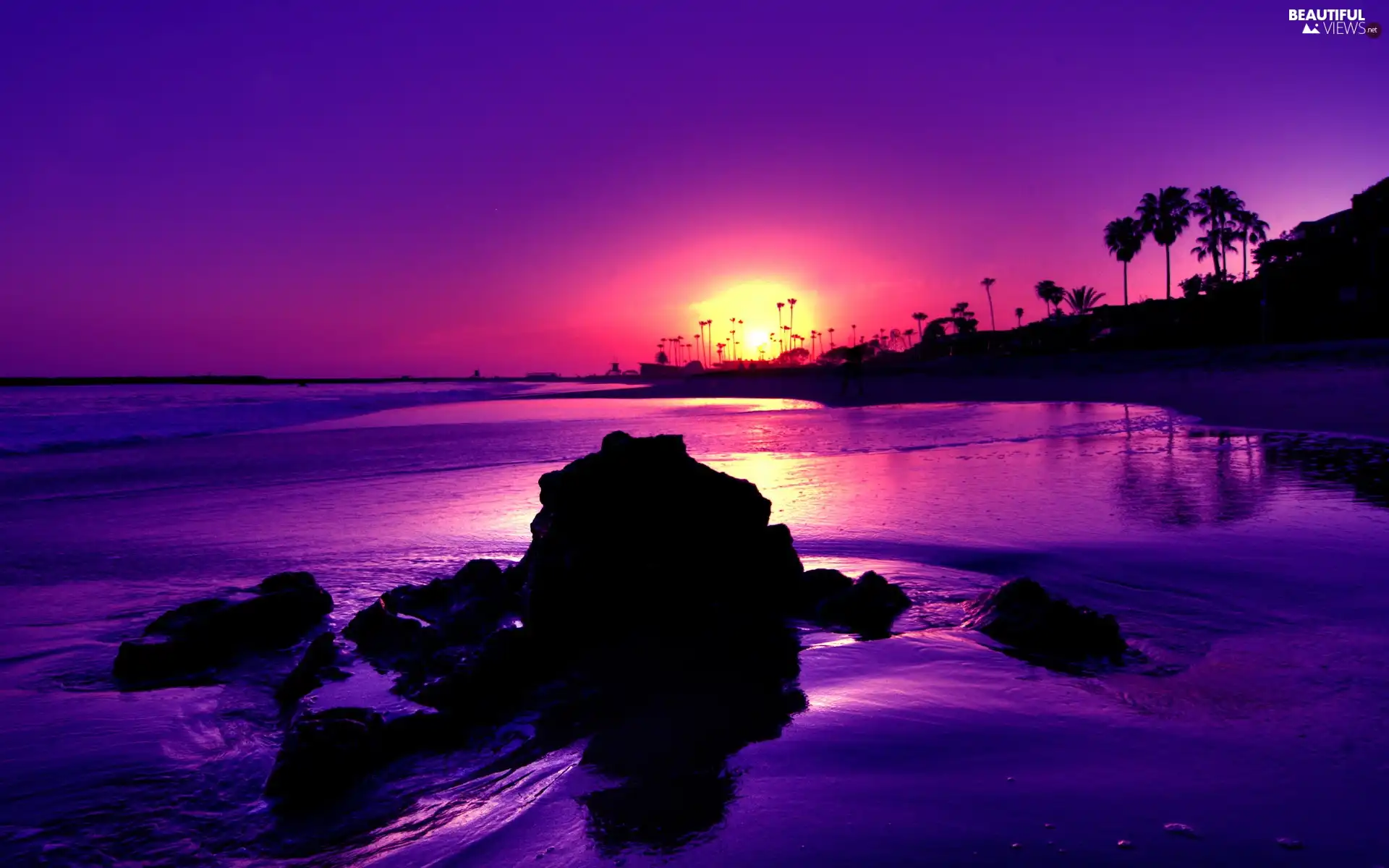 rays, west, Waves, rocks, sea, sun