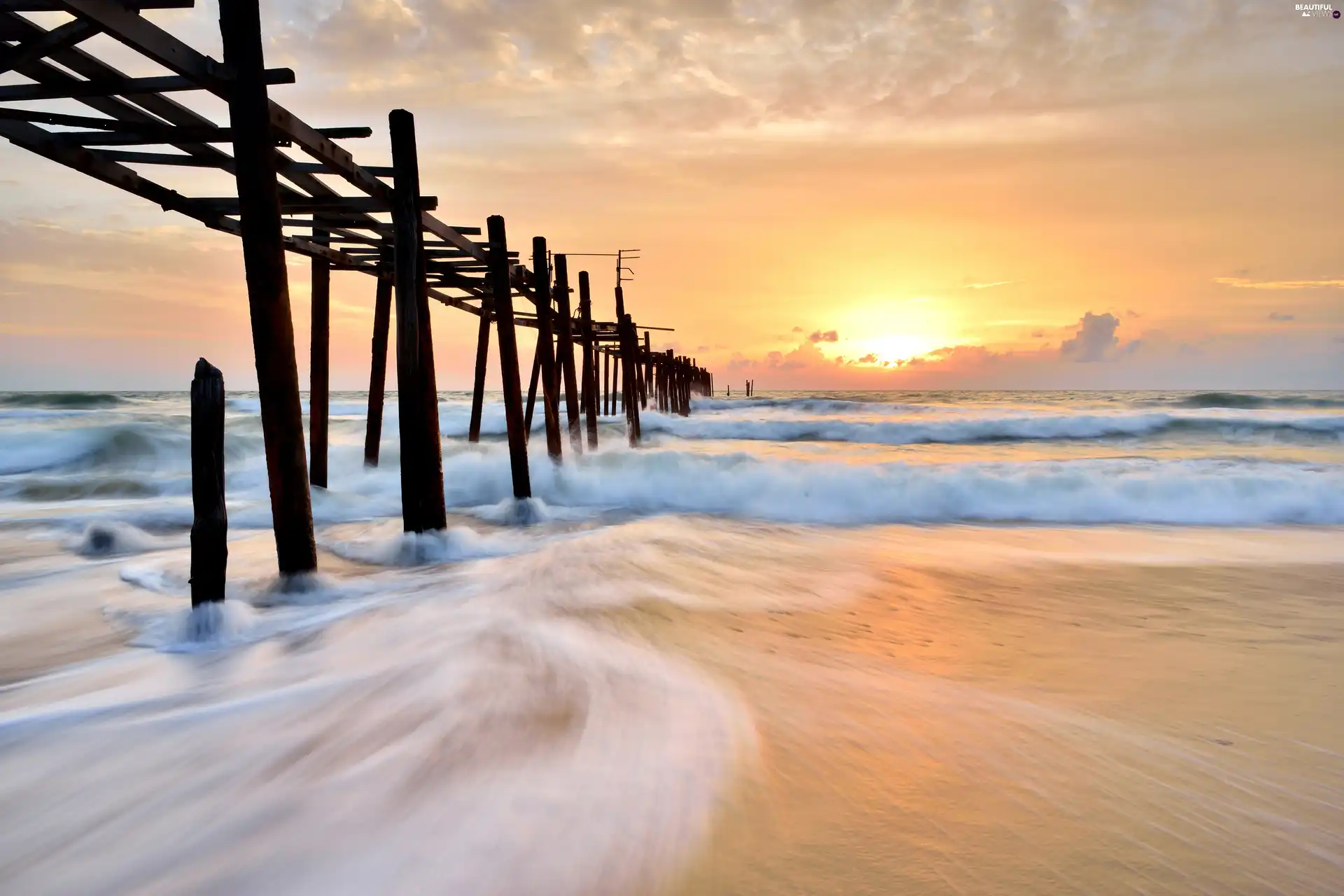 sea, Sunrise, clouds, Waves