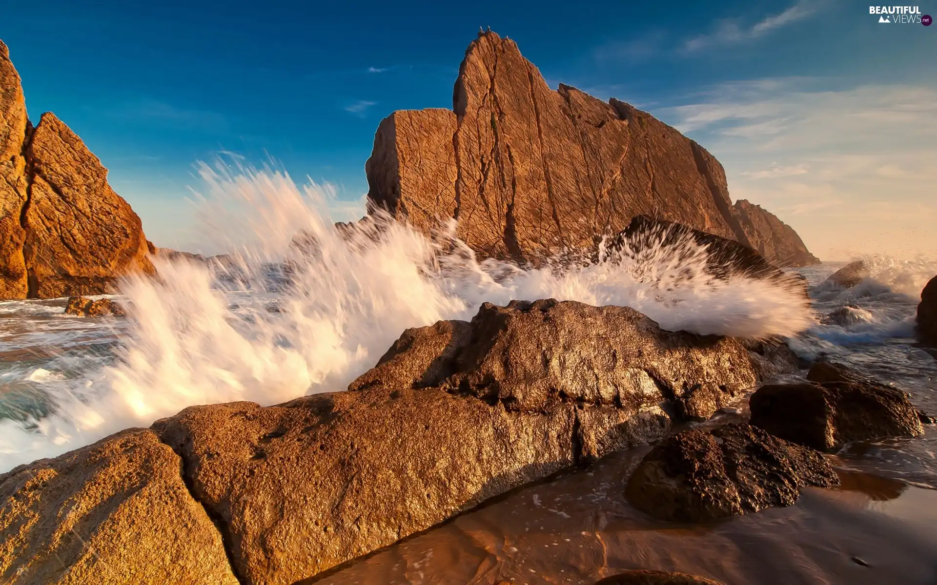 waves, rocks, spray