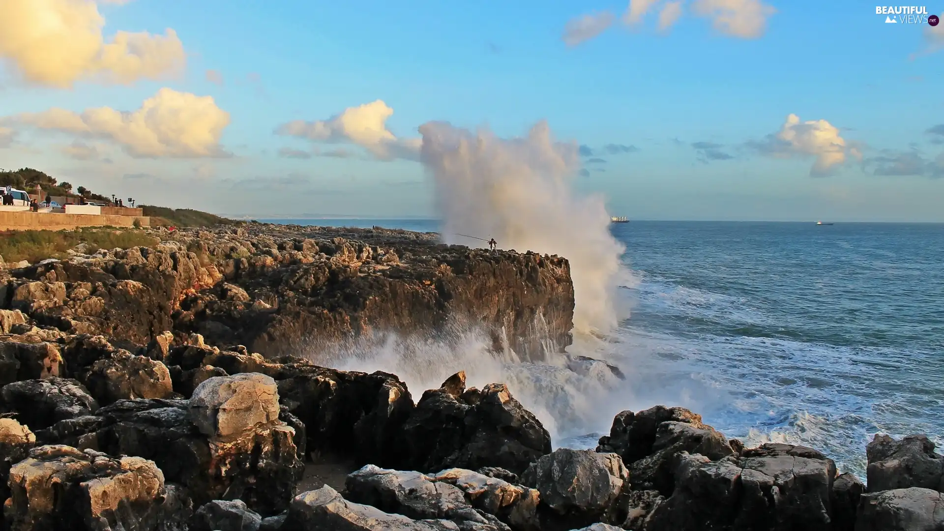 Waves, vessels, rocks, high, Coast