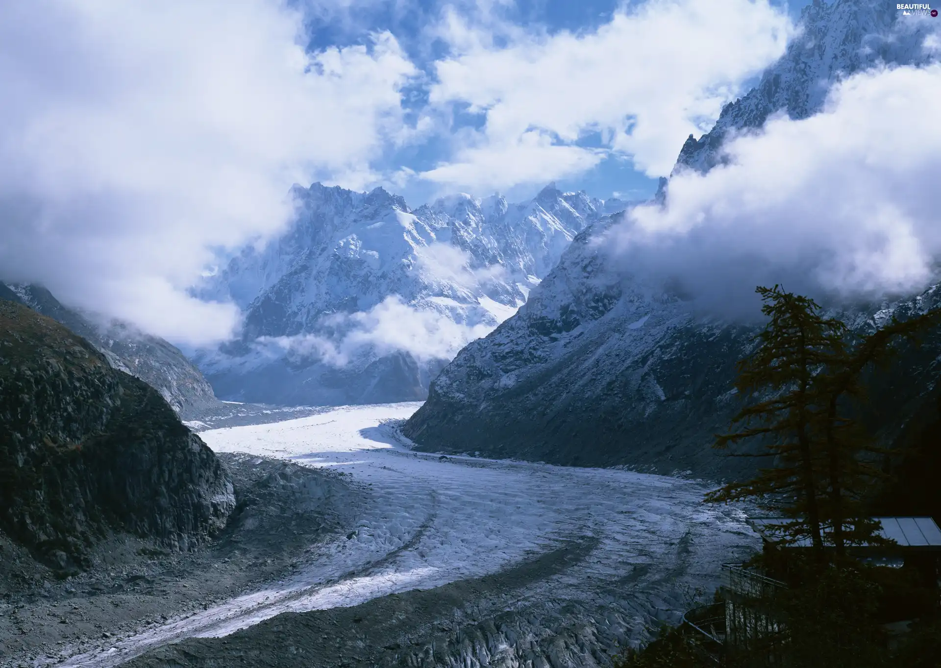 Way, Mountains, clouds