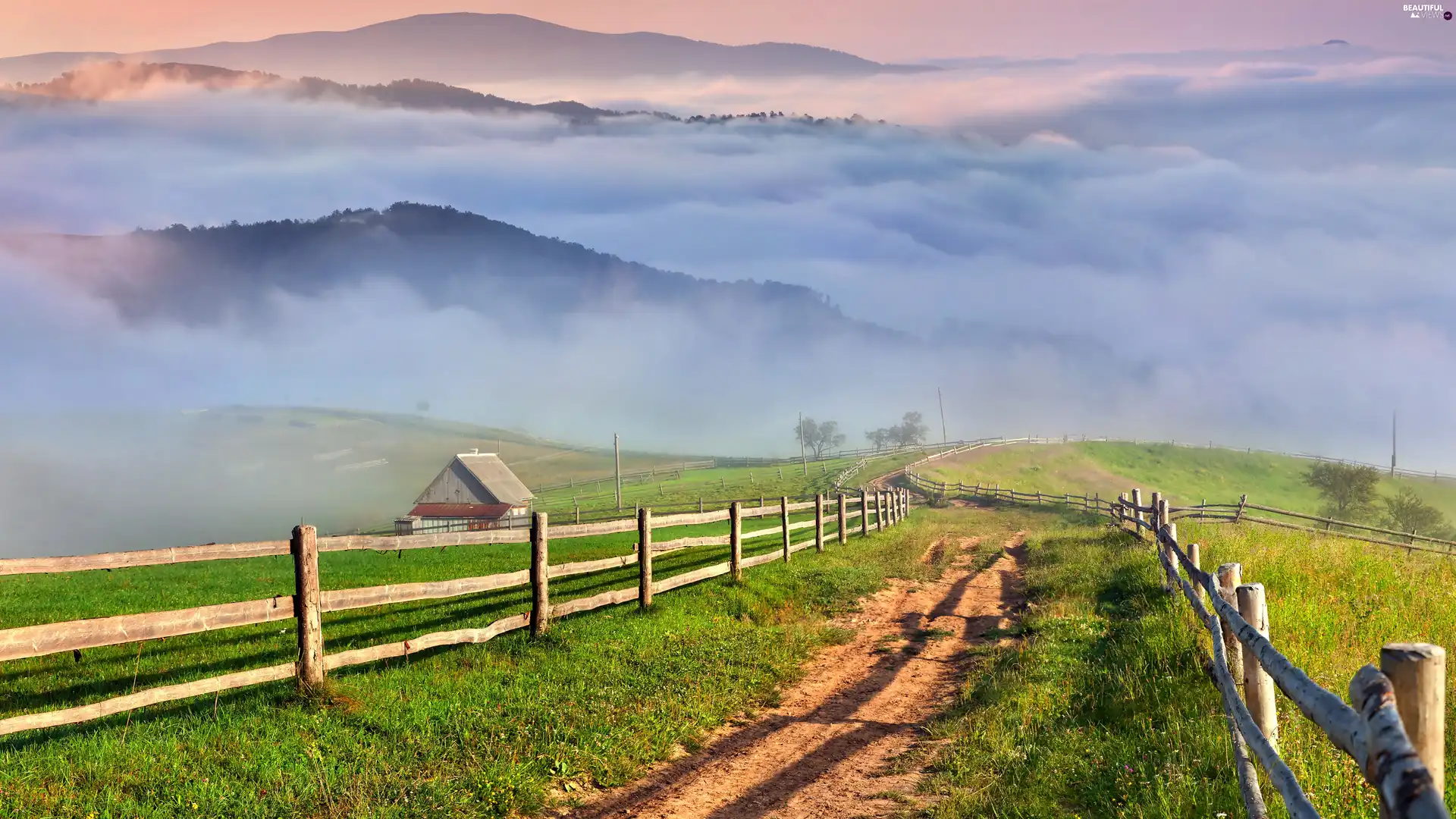 Way, fence, Mountains, Field, clouds