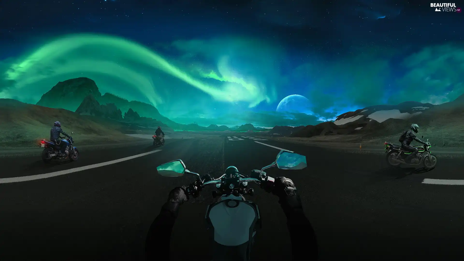 Mountains, aurora polaris, Way, Motorcycles, graphics